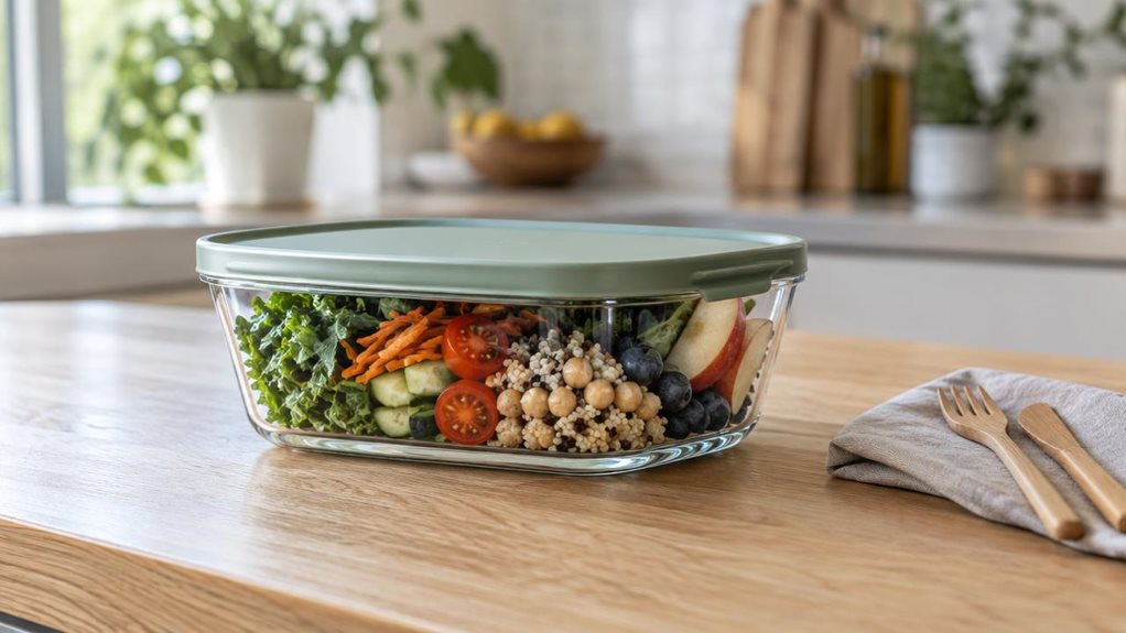 A photograph of a single clear glass bento bowl with a neatly fitted sage-green lid, resting on a light oak kitchen counter in a calm, modern home. The bowl is filled with an appealing lunch of crisp greens, sliced vegetables, grains, and a few pieces of fruit, visible through its transparent sides. A folded linen napkin and simple wooden cutlery sit nearby, suggesting an everyday meal without making the scene feel staged. The bowl is the clear hero, captured in a candid, obs