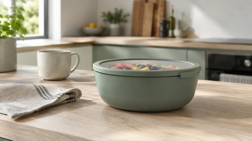 A photograph of a single Nordic sage Mepal Cirqula-style multi bowl resting on a pale oak kitchen island, shown in a horizontally composed 16:9 landscape scene. The softly rounded bowl has a matching airtight lid and a subtle matte finish, with fresh berries and cut fruit inside, suggesting it is ready for everyday meal prep or storage. A folded linen tea towel and a simple ceramic mug sit nearby, while the calm, modern kitchen recedes into a gentle background blur. Natural w