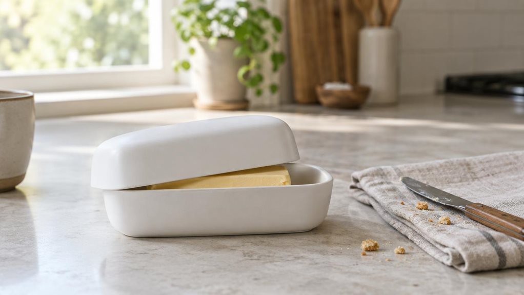 A photograph of a single white butter dish resting naturally on a pale stone countertop in a calm, modern kitchen. The dish has a smooth, gently rounded rectangular base and a fitted white lid, with clean proportions and a subtle matte finish. A small pat of butter is visible inside, making the product feel ready for everyday use. Nearby, a butter knife and a few crumbs sit casually on a folded linen cloth, while the softly blurred background hints at a sunlit window and unde