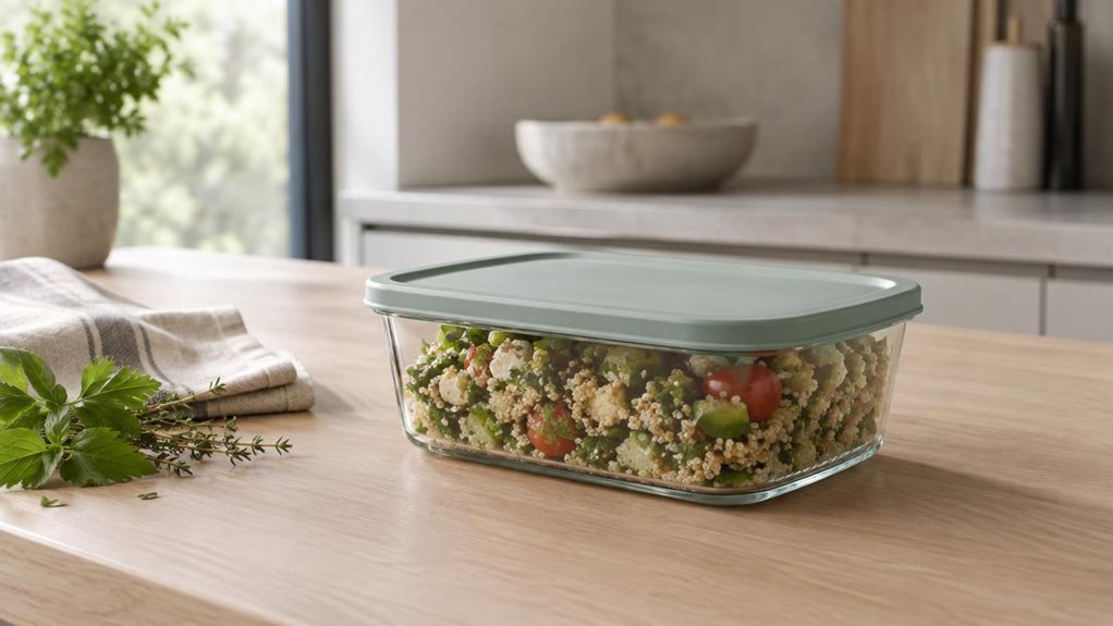 A photograph of a single 1-liter glass food container with a soft Nordic sage lid, styled as a clean lifestyle product shot in a modern kitchen, framed in a wide 16:9 landscape composition. The container sits naturally on a pale oak countertop beside a folded linen napkin and a few fresh herbs, suggesting everyday meal prep without any visible action. Clear glass edges catch gentle window light, while the muted sage lid adds a calm, contemporary accent against neutral stone a