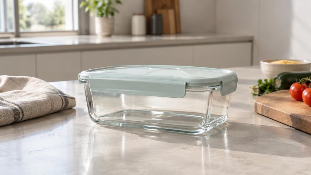A photograph of a single clear food storage container with a snug, pastel-toned clip-on lid resting on a light stone kitchen countertop in a modern, sunlit home, framed in a horizontal 16:9 landscape composition. The container is centered as the hero product, shown in its natural setting beside a folded linen towel, a small cutting board, and a few neatly arranged ingredients that hint at everyday meal prep without feeling staged. Soft morning light spills in from a nearby wi