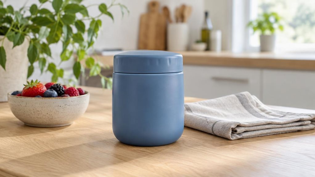 A photograph of a single compact Nordic-blue snack pot resting on a light oak kitchen counter beside a folded linen napkin and a small bowl of fresh berries. The pot has a smooth, rounded cylindrical shape, a secure screw-top lid, and realistic matte plastic surfaces, with subtle highlights along its curves. It is the clear hero of a horizontally composed 16:9 landscape scene, positioned naturally as if ready to be packed for a day out. In the softly blurred background, a bri