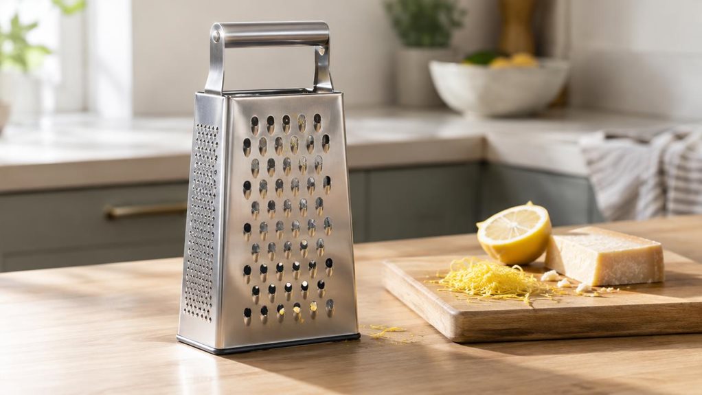 A photograph of a horizontally composed 16:9 landscape kitchen scene, featuring a single square stainless-steel grater standing upright on a light oak countertop beside a small cutting board with a few lemon zest curls and a halved block of cheese. The grater is the clear hero of the frame, placed naturally as if recently used and then set down casually, not in mid-action. Soft morning light streams in from the left, creating gentle reflections on the brushed metal and subtle