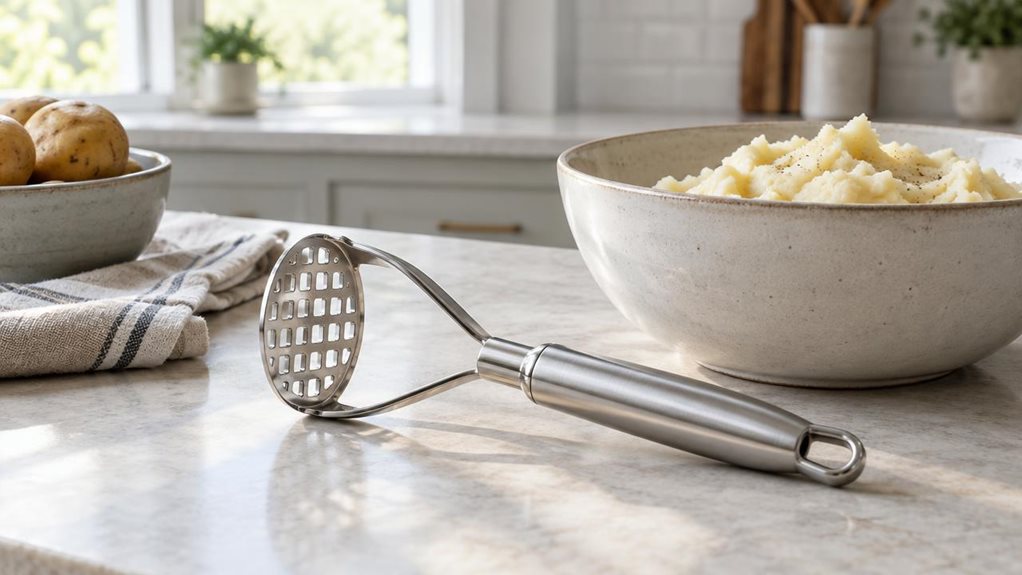 A photograph of a single sturdy metal potato masher resting beside a ceramic bowl of freshly mashed potatoes on a light stone kitchen counter. The masher is the clear hero, its polished stainless-steel head and smooth, ergonomic handle sharply detailed, with a few soft reflections catching the daylight. A folded linen tea towel and a small bowl of potatoes sit nearby, suggesting an everyday home kitchen without clutter. In the softly blurred background, pale cabinetry and a s