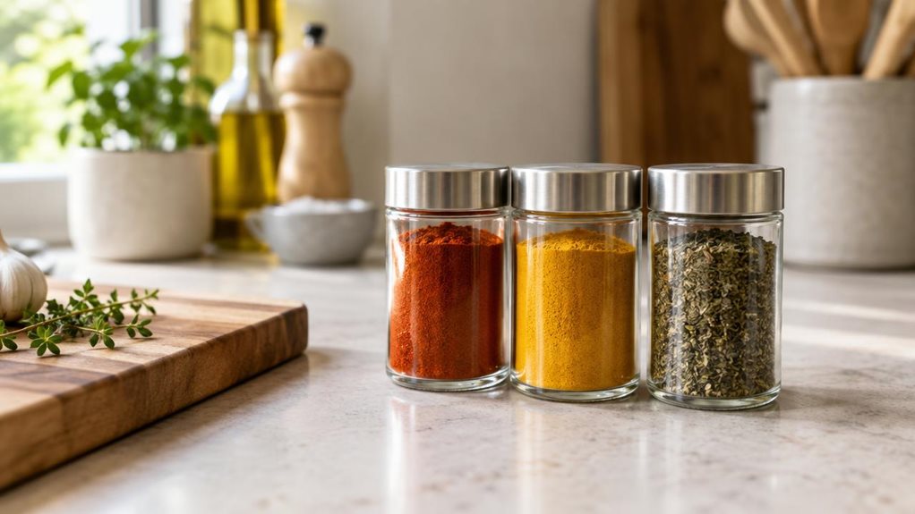A photograph of a set of three clear glass spice jars arranged neatly on a kitchen counter beside a wooden cutting board. Each jar has a simple brushed-metal lid and contains a different spice—warm paprika, golden turmeric, and dried green herbs—with the varied colors visible through the glass. The jars are the clear focal point, naturally at home in a calm, modern kitchen with pale stone surfaces, warm wood accents, and a few softly blurred cooking essentials in the backgrou