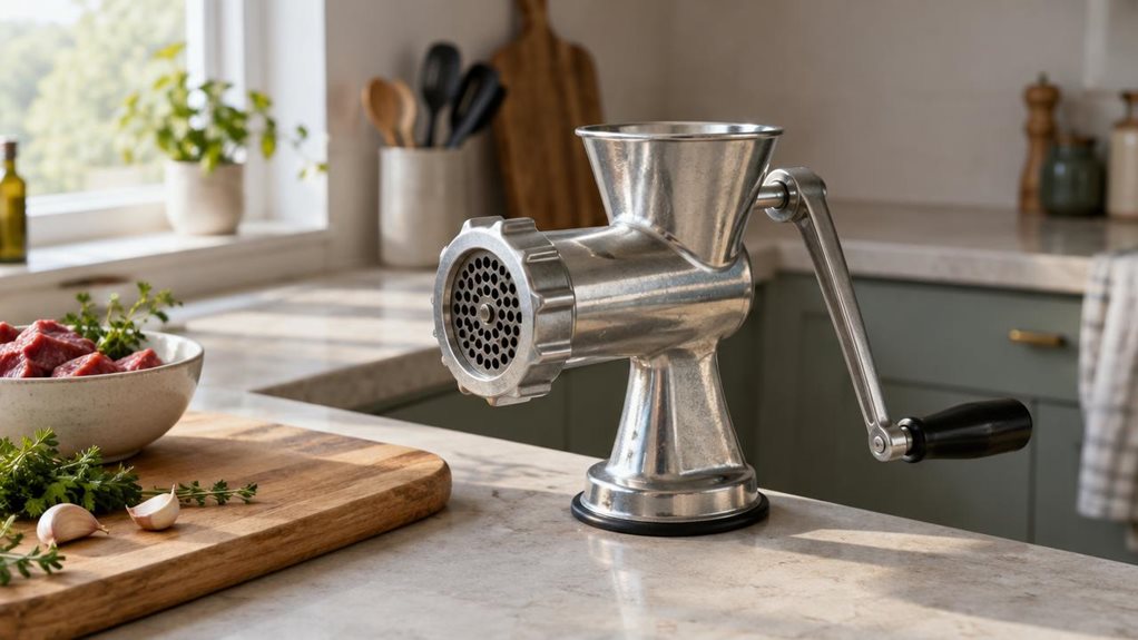 A photograph of a single sturdy manual mincer resting naturally on a light stone kitchen countertop, composed as a horizontal 16:9 landscape scene. Its polished metal body, compact hand-crank mechanism, and dark handle are clearly visible, with realistic brushed-steel reflections and subtle signs of everyday use. The mincer sits beside a wooden cutting board and a small bowl of fresh ingredients, suggesting a home kitchen without making the scene feel staged. Soft daylight fa