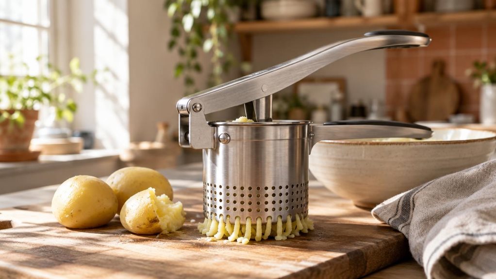 A photograph of a bright, modern kitchen countertop bathed in soft morning light streaming through a nearby window. In the foreground, slightly off-center, rests a stainless steel potato and spaetzle press, its curved handle and perforated cylinder catching gentle highlights that reveal its brushed metal texture. A few boiled potatoes sit beside it on a wooden cutting board, one partially pressed with soft ribbons of potato visible through the press's holes, suggesting recent