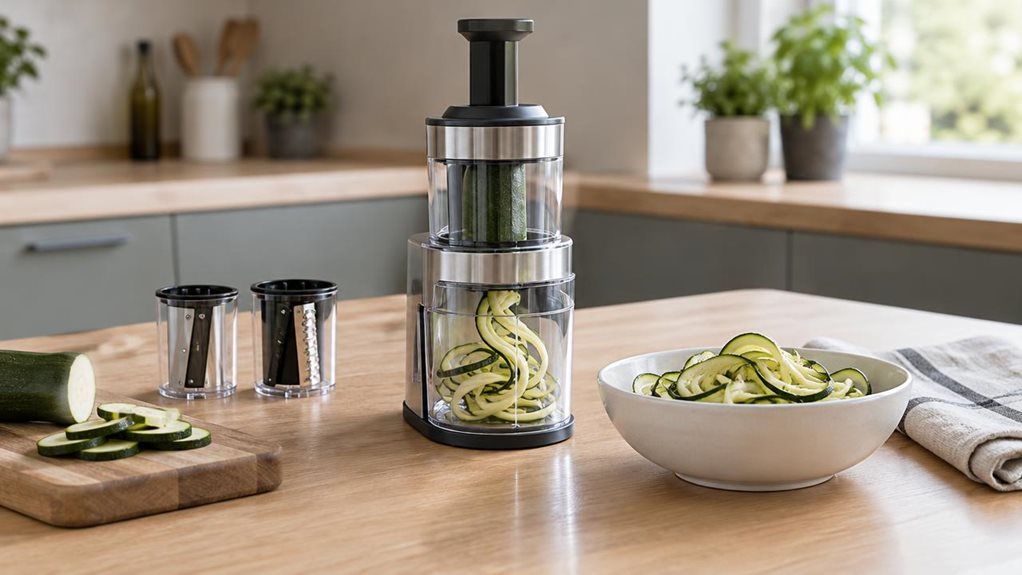 A photograph of a sleek spiral vegetable cutter set arranged on a light oak kitchen counter in a bright, modern home, captured in a horizontal 16:9 landscape composition. The product sits naturally beside a small cutting board, a white ceramic bowl of ribboned zucchini, and a folded linen towel, suggesting an everyday cooking moment rather than a staged demo. The cutter’s transparent components and clean metal accents catch soft window light, with subtle reflections that emph