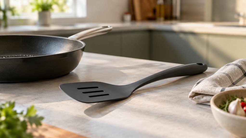 A photograph of a single flexible PBT turner resting naturally beside a frying pan on a clean, modern kitchen counter, composed horizontally in a 16:9 landscape frame. The spatula is the clear hero: its slim, gently curved head and smooth handle rendered with realistic matte texture and subtle highlights. Nearby, a folded linen towel and a small bowl of ingredients suggest everyday cooking without cluttering the scene. Soft daylight falls across the counter from a nearby wind