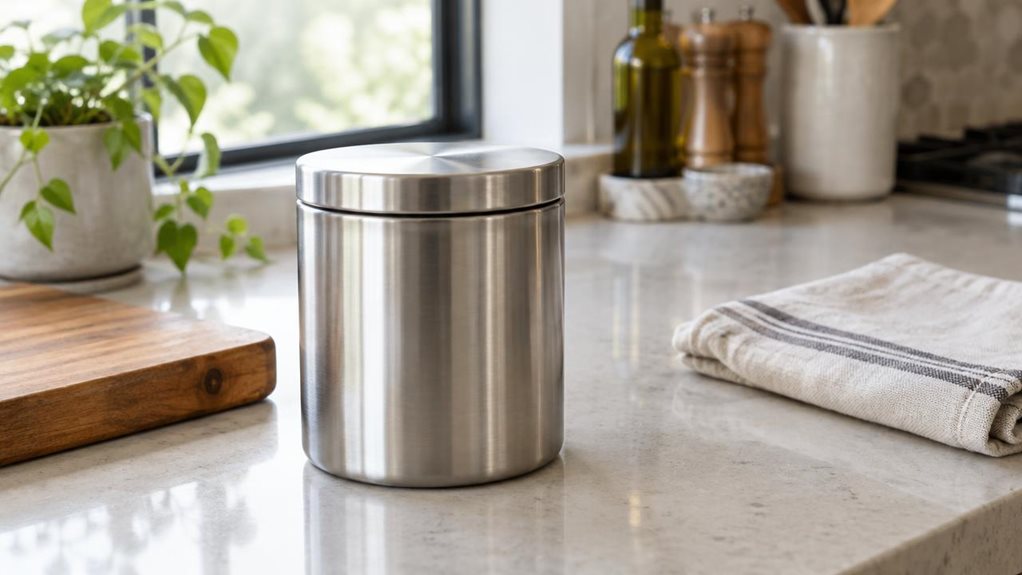 A photograph of a single stainless-steel storage jar resting on a kitchen counter, composed horizontally in a 16:9 landscape frame. The jar is the clear hero, its brushed metal surface catching soft daylight from a nearby window, with a simple fitted lid and realistic subtle reflections. It sits naturally beside a wooden cutting board and a folded linen tea towel, with a few everyday kitchen details softly visible in the background. The scene feels candid and observational, l