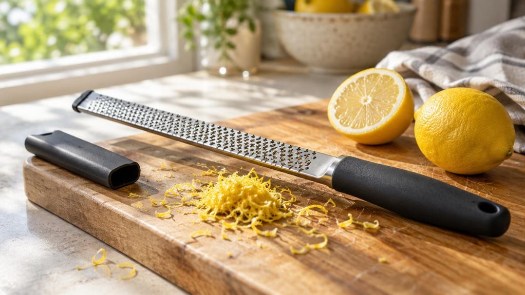 A photograph of a stainless steel zester grater resting diagonally across a wooden cutting board on a sunlit kitchen counter. The long, slender tool features a perforated blade with razor-sharp honeycomb holes, a slim handle wrapped in black soft-touch material, and a protective cap set casually beside it. Fine curls of lemon zest are scattered nearby, along with a halved lemon and a small pile of freshly grated citrus peel catching the light. Morning sunlight streams in from