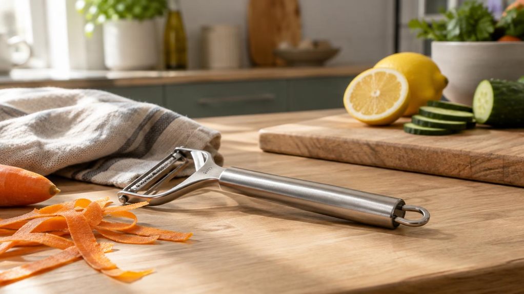 A photograph of a sleek stainless-steel vegetable peeler resting naturally on a light oak kitchen counter, framed in a horizontally composed 16:9 landscape scene. The peeler is the clear hero, placed beside a linen towel, a few peeled carrot ribbons, and a wooden cutting board with citrus and cucumbers arranged casually nearby, suggesting a real home kitchen moment rather than a staged demonstration. Soft morning sunlight washes across the scene from the left, creating gentle
