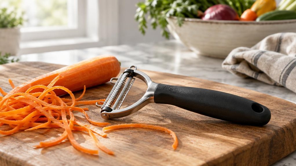A photograph of a Y-shaped julienne peeler resting diagonally across a wooden cutting board in a sunlit kitchen, its stainless steel blade catching soft morning light streaming through a nearby window. The ergonomic black handle shows subtle texture and a faint sheen from use, suggesting authenticity rather than a staged product shot. Beside the peeler lies a partially peeled carrot, its julienne strands curling loosely across the board, with a few stray orange ribbons scatte