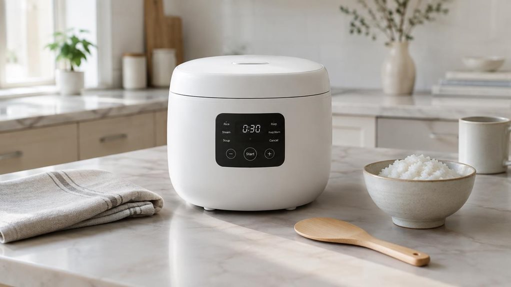 A photograph of a compact 2L digital rice cooker placed on a clean, modern kitchen countertop in a softly lit home setting, shown in a horizontal 16:9 landscape composition. The appliance is centered as the hero object, with a matte white body, a subtle dark control panel, and a minimalist lid design that blends naturally into the space. It sits beside a folded linen towel, a wooden rice scoop, and a small bowl of freshly cooked rice, suggesting everyday use without any actio