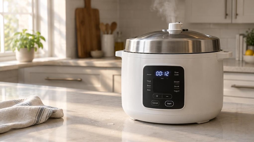 A photograph of a sleek white 6L multi-cooker resting on a quartz kitchen countertop, its brushed stainless-steel lid catching soft morning light streaming through a nearby window. The pressure cooker's digital display glows faintly, showing a subtle blue readout, while steam gently rises from the sealed valve, suggesting recent use. Condensation beads lightly on the countertop beside it, and a folded linen kitchen towel rests casually to the left. In the background, softly b