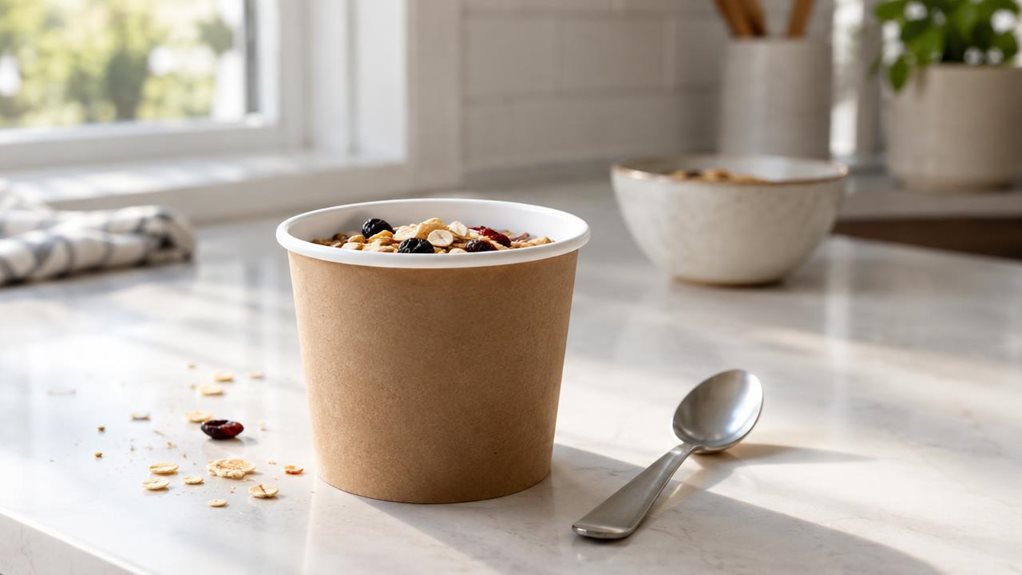 A photograph of a single unbranded cereal cup set on a bright kitchen counter beside a small spoon, casually placed as if ready for breakfast. The cup is the clear hero, with a realistic paper sleeve, neatly rolled rim, and a glimpse of crunchy muesli and dried fruit inside. A few oats and crumbs rest nearby, adding a natural, lived-in touch without making the scene feel staged. In the softly blurred background, a sunlit window, a simple ceramic bowl, and muted modern kitchen