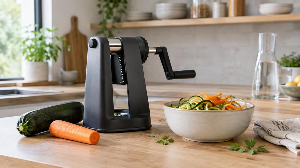 A photograph of a sleek, unbranded spiral slicer resting naturally on a light oak kitchen counter in a modern, sunlit home, framed in a horizontal 16:9 landscape composition. The slicer is the clear focal point, positioned beside a whole zucchini, a peeled carrot, and a small ceramic bowl filled with fresh vegetable ribbons, suggesting everyday use without any staged action. Soft natural window light washes across the scene, highlighting the matte finish, clean edges, and sub