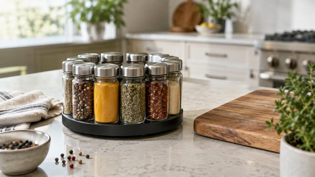 A photograph of a single round spice jar organizer holding twelve clear glass jars, resting on a kitchen counter beside a wooden cutting board. Each jar contains a different colorful spice, with simple unmarked lids and no visible branding. The organizer sits naturally among everyday kitchen details—a folded linen towel, a small bowl, and a few loose peppercorns—without appearing staged or in use. Soft daylight falls across the glass and countertop, bringing out the textures 