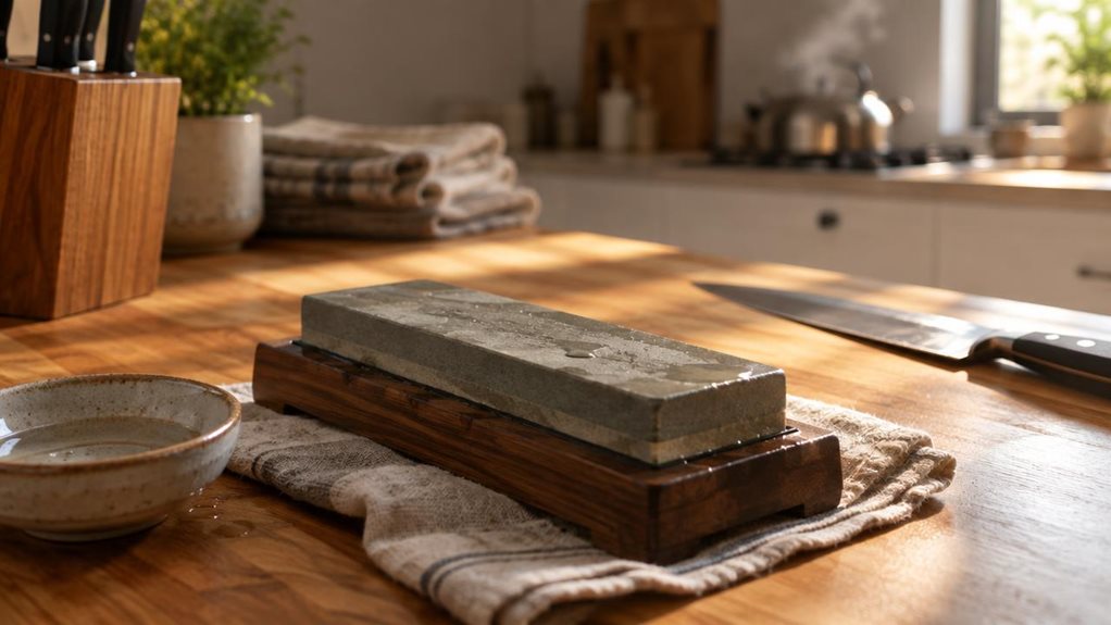 A photograph of a sleek, modern kitchen counter bathed in warm, natural afternoon light streaming through a nearby window. At the center of the frame rests a Japanese whetstone-style knife sharpener, its dark bamboo base and dual-grit stone surface showing subtle wear from use. The sharpener sits at a slight angle on a folded linen cloth, positioned beside a small ceramic dish holding a few drops of water, hinting at recent use without appearing staged. In the softly blurred 