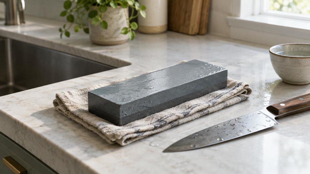 A photograph of a single knife sharpening stone resting on a folded linen towel beside a kitchen sink, composed as a horizontal 16:9 landscape scene. The rectangular stone is the clear hero, its fine, slightly damp surface catching a subtle sheen; a few beads of water and a neatly placed wooden-handled chef’s knife nearby suggest its everyday kitchen setting without showing anyone sharpening. The scene feels candid and observational, as if captured during a quiet moment in a 