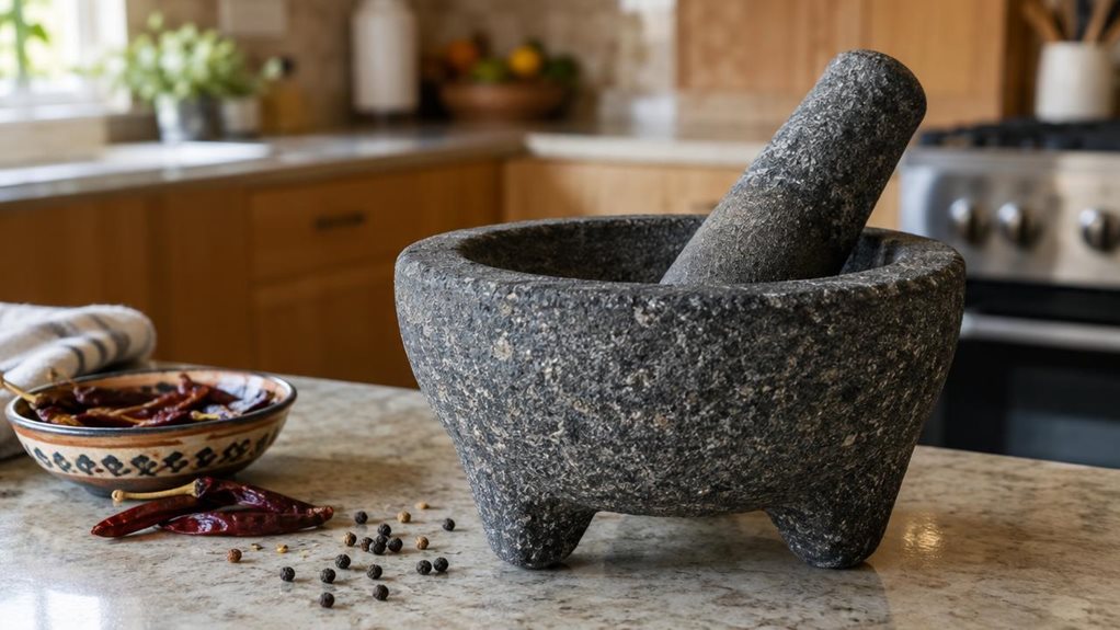 A photograph of a single Mexican-style granite pestle and mortar resting naturally on a kitchen counter, captured in a horizontally composed 16:9 landscape scene. The sturdy, charcoal-gray stone bowl is the clear hero, with its matching pestle leaning casually inside; subtle speckles and a gently worn texture make the granite feel authentic. Nearby, a small dish of dried chilies and a few scattered peppercorns suggest its everyday place in a home kitchen without making the sc