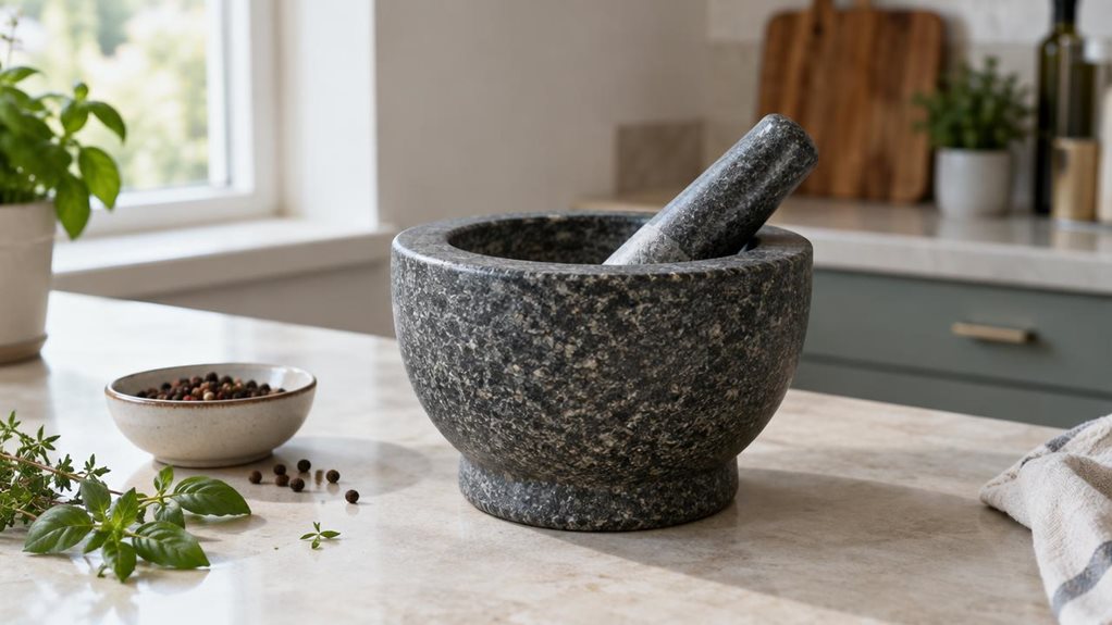 A photograph of a Relaxdays-style granite pestle and mortar resting on a pale stone kitchen countertop, composed as a horizontal 16:9 landscape scene. The single product is the clear hero: a weighty, charcoal-gray granite bowl with a subtly speckled surface and a matching pestle resting inside at a natural angle. Nearby, a small dish of peppercorns and a few loose herb leaves suggest its place in a well-used kitchen, without making the scene feel staged or mid-action. Soft da