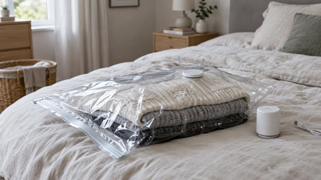 A photograph of a single clear vacuum storage bag with an electric pump, resting on a neatly made bed in a calm, modern bedroom. The bag is partially filled with folded sweaters, visibly compressed beneath its transparent plastic, with the compact pump placed beside it. The scene feels naturally observed, as if someone paused while organizing seasonal clothes: a soft linen duvet is slightly rumpled, and a wicker laundry basket sits unobtrusively nearby. Compose the image hori