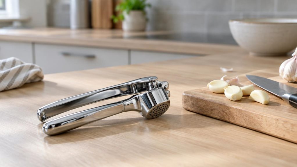 A photograph of a chrome-plated garlic press resting casually on a light oak kitchen countertop in a bright, modern home kitchen, captured in a horizontally composed 16:9 landscape frame. The garlic press is the clear hero, placed beside a small wooden cutting board with a few peeled garlic cloves and a chef’s knife nearby, suggesting everyday use without any staged action. Soft natural daylight streams in from an off-frame window, creating gentle highlights across the polish