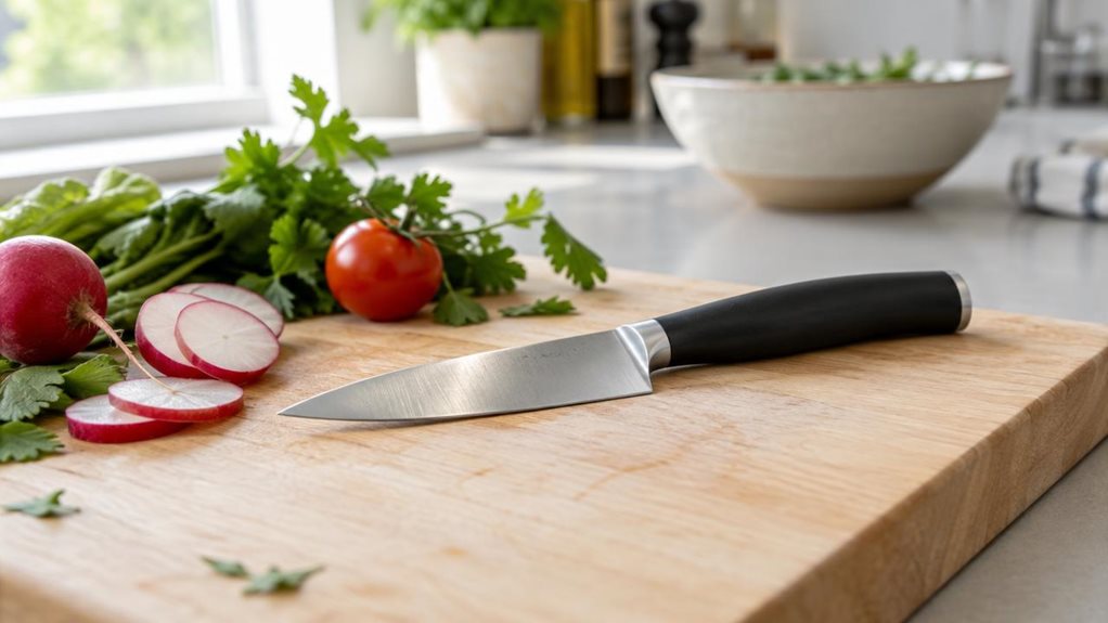A photograph of a single 9 cm vegetable knife resting naturally on a pale wooden cutting board in a bright, modern kitchen. Its compact stainless-steel blade and simple dark handle are clearly visible, with a few freshly cut radish slices, a small tomato, and leafy herbs nearby to suggest everyday vegetable preparation. The knife is the unmistakable hero, positioned at a relaxed angle rather than arranged like a catalog display; nothing is being held or cut. A softly blurred 