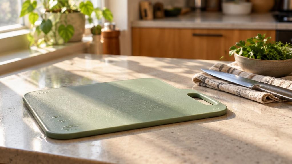 A photograph of a modern kitchen countertop bathed in warm afternoon sunlight streaming through a nearby window. In the foreground, slightly off-center, rests a single plastic chopping board from a matching set—its surface a soft sage green with a subtle matte texture, rounded corners, and a small built-in handle with a hanging hole. The board shows light, natural signs of use: a few faint knife marks and a light water spot near the edge, suggesting it was just rinsed and lef