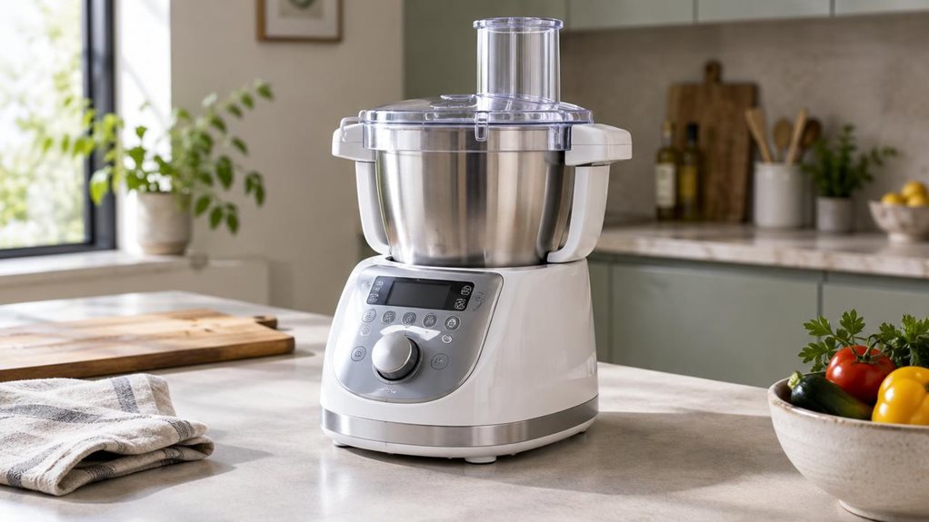 A photograph of a single Moulinex Companion HF8401F1 food processor resting on a light stone kitchen counter, shown in a horizontally composed 16:9 landscape scene. Its sleek white-and-silver body and clear mixing bowl are the focal point, with the lid and controls visible and the appliance switched off. The setting feels like a lived-in modern kitchen: a folded linen towel, a wooden chopping board, and a small bowl of fresh vegetables sit nearby without crowding the frame. S