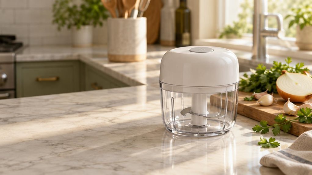 A photograph of a compact electric chopper resting on a pale marble kitchen countertop, positioned slightly off-center to the right within a horizontally framed 16:9 scene. The appliance features a clear plastic bowl with a rounded white lid and a simple top-press button, hinting at its one-touch operation. Scattered around it are fresh ingredients mid-prep: a halved onion, a few garlic cloves, and sprigs of parsley resting on a wooden cutting board. Morning sunlight streams 