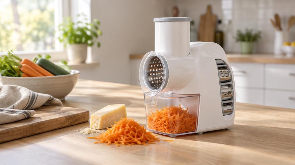A photograph of a white 5-in-1 compact food grater sitting on a light oak kitchen countertop, positioned slightly off-center to the right within a wide 16:9 landscape frame. The appliance's rounded, minimalist design catches soft morning sunlight streaming in from a nearby window, casting gentle shadows across its smooth plastic surface and transparent food container. Beside it rests a small pile of freshly grated carrots and a wedge of cheese, suggesting recent use without a