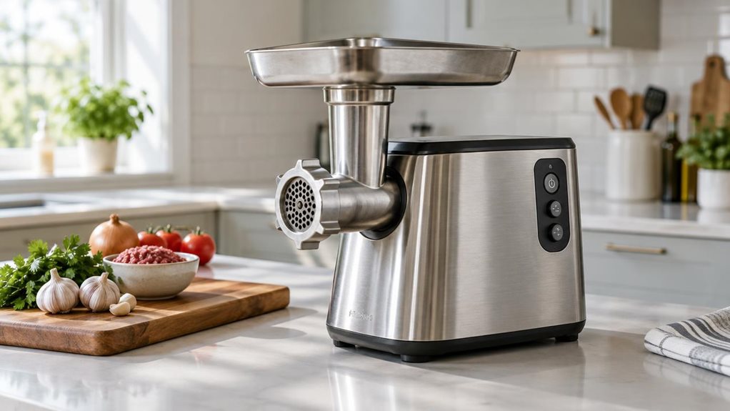 A photograph of a single stainless-steel meat mincer on a clean kitchen counter, composed as a horizontal 16:9 landscape scene. The appliance is the clear hero, with a sturdy brushed-metal body, dark control panel, wide feed tray, and realistic grinding attachment, but no visible logos or brand names. It sits naturally in a bright, modern home kitchen, beside a wooden cutting board and a small bowl of fresh ingredients—quietly suggesting everyday meal preparation without show