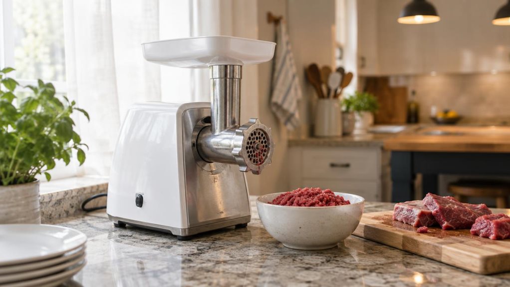 A photograph of a white and stainless steel meat mincer sitting on a granite kitchen countertop near a sunlit window. The appliance's body gleams softly, catching diffused morning light streaming through sheer curtains, while the attached grinding tube and plastic food tray rest in natural position, as though just used. A small bowl of raw ground meat sits beside it, along with a few cuts of trimmed beef on a wooden cutting board, suggesting recent kitchen activity. In the so