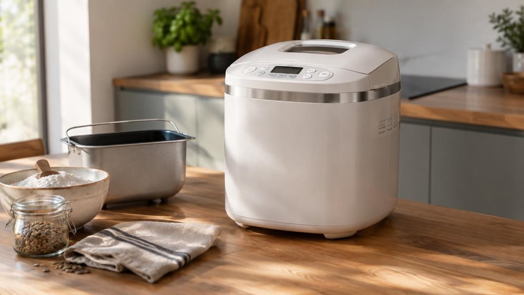 A photograph of a sleek, unbranded bread maker placed naturally on a warm wooden kitchen counter in a modern home, framed in a horizontal 16:9 landscape composition. The appliance sits near a loaf pan and a folded linen tea towel, with a ceramic bowl of flour and a small jar of seeds softly arranged nearby, suggesting everyday use without feeling staged. Sunlight streams in from a window off-frame, casting gentle highlights across the machine’s smooth white body and subtle me