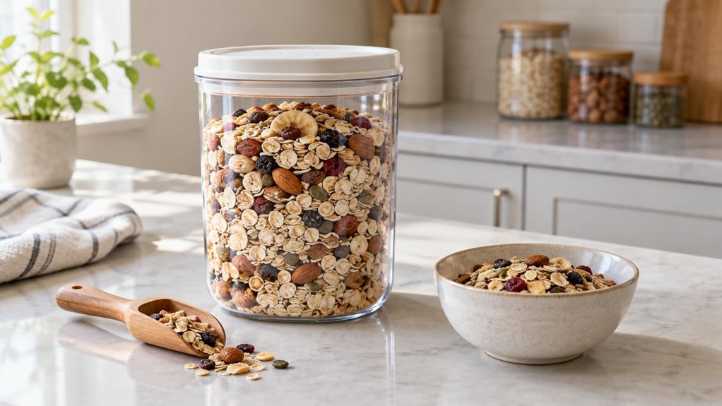 A photograph of a single airtight muesli storage container resting on a clean kitchen counter, composed as a 16:9 landscape scene. The clear, gently rounded container is filled with layered oats, nuts, and dried fruit, with a snug, unmarked lid that suggests freshness and easy everyday use. A simple wooden scoop and a small bowl of muesli sit nearby, while a few understated jars and pale cabinetry establish a calm, modern kitchen setting. The container is the clear hero, capt