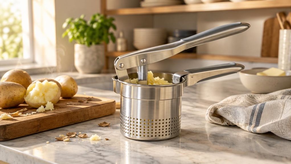 A photograph of a Multi-Press XL Stainless Steel Potato Press resting on a marble kitchen countertop, positioned slightly off-center in the frame. The press's brushed stainless steel surface catches soft, natural window light streaming in from the left, highlighting the ergonomic handles and the perforated bottom chamber. A few boiled potatoes sit nearby on a wooden cutting board, with one partially pressed, creating soft ribbons of potato visible in the hopper. A linen kitch