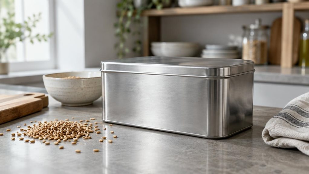 A photograph of one rectangular mussel tin with a fitted lid, repurposed as a stackable grain-storage container, resting on a kitchen counter beside a small scatter of uncooked grains. The tin is the clear hero of the horizontally composed 16:9 landscape scene, its brushed metal surface and neatly folded edges catching the soft morning light. It sits naturally among a wooden cutting board, a simple ceramic bowl, and a folded linen tea towel, suggesting an everyday kitchen rat