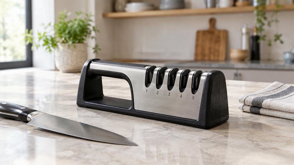 A photograph of a single professional knife sharpener resting on a pale stone countertop in a bright, modern home kitchen, composed horizontally in a 16:9 landscape frame. The compact sharpening tool is the clear hero, shown at a slight angle with its five distinct sharpening slots visible and its brushed metal and dark, textured details rendered realistically. A chef’s knife and a folded kitchen towel sit nearby, suggesting everyday use without showing anyone sharpening a bl