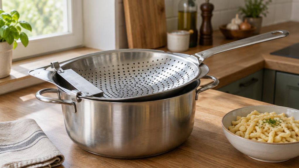 A photograph of a single stainless-steel spätzle sieve resting across a wide pot on a clean, sunlit kitchen counter, composed as a horizontal 16:9 landscape scene. The sieve is the clear hero: its gently curved perforated plate, sturdy rim, and simple sliding scraper are shown in crisp, realistic detail, with a small bowl of pale spätzle and a folded linen towel nearby. The setting feels naturally lived-in but uncluttered, with warm wood, understated modern cabinetry, and a f