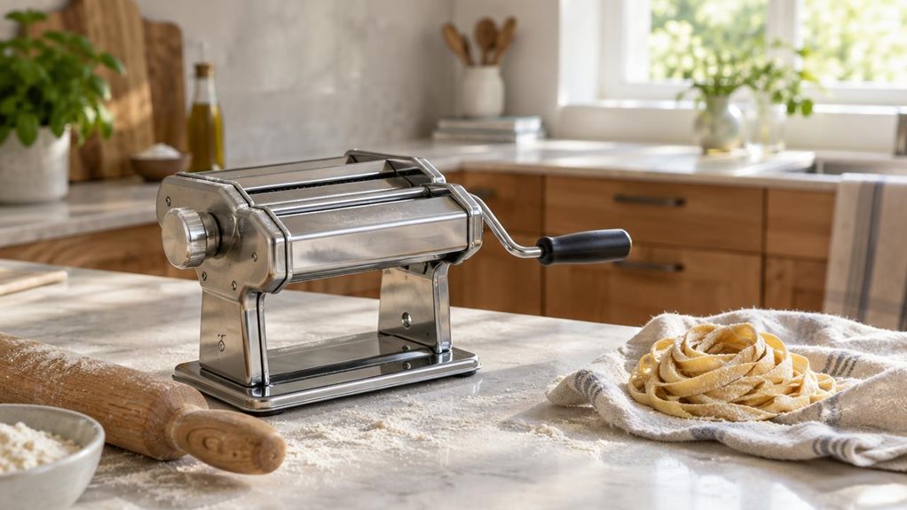 A photograph of a single manual stainless steel pasta machine resting on a pale stone kitchen island, composed as a horizontal 16:9 landscape scene. The polished metal rollers and simple hand crank are clearly visible, with the machine positioned naturally among a light dusting of flour, a wooden rolling pin, and a small nest of fresh pasta on a linen cloth. In the softly blurred background, a bright, modern home kitchen features warm wood cabinetry and a sunlit window. Gentl