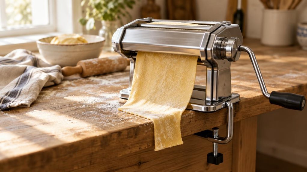A photograph of a manual stainless steel pasta machine clamped securely to the edge of a rustic wooden kitchen counter, positioned slightly right of center in a horizontal 16:9 frame. The machine's polished rollers and hand crank catch soft, warm sunlight streaming in from a nearby window, highlighting the brushed metal texture and precise engineering of the dial settings. Thin sheets of fresh pasta dough drape elegantly from the rollers, dusted lightly with flour that catche