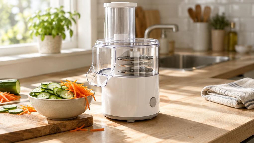 A photograph of a white electric vegetable slicer resting on a light oak kitchen countertop, positioned slightly off-center in the frame. The compact appliance features a clear plastic food chamber on top, a sleek cylindrical motor base, and interchangeable slicing discs visible through the translucent housing. Beside it sits a small ceramic bowl with freshly sliced cucumber rounds and julienned carrots, slightly overflowing onto a wooden cutting board. Morning sunlight strea