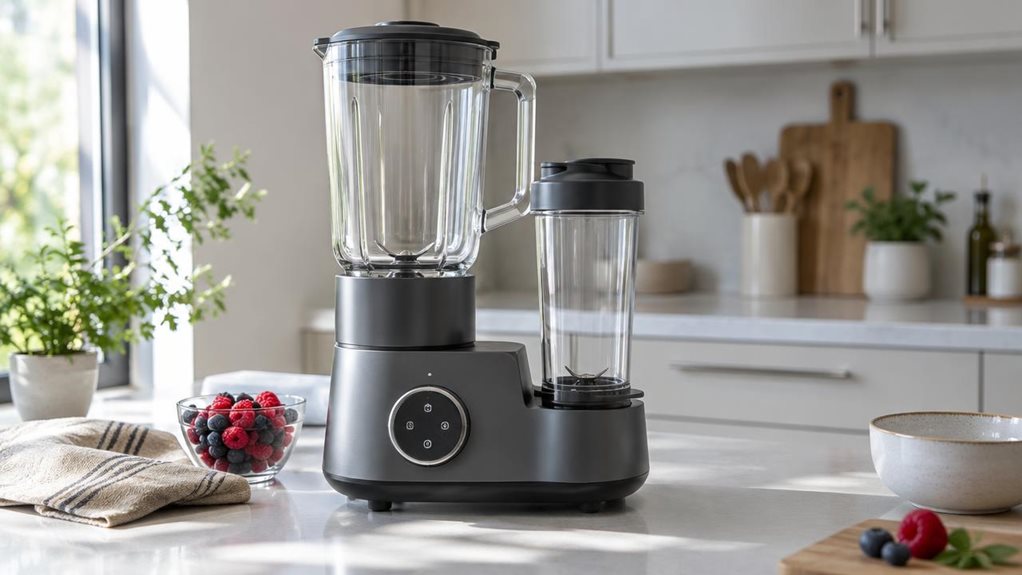 A photograph of a sleek 2-in-1 countertop blender and single-serve mixer placed naturally on a bright, modern kitchen counter, shown in a horizontal 16:9 landscape frame. The appliance is the clear focal point, standing beside a small glass of berries, a folded linen towel, and a ceramic bowl, suggesting a calm morning routine rather than an action shot. Soft natural daylight spills in from a nearby window, creating gentle reflections on the matte finish and subtle highlights