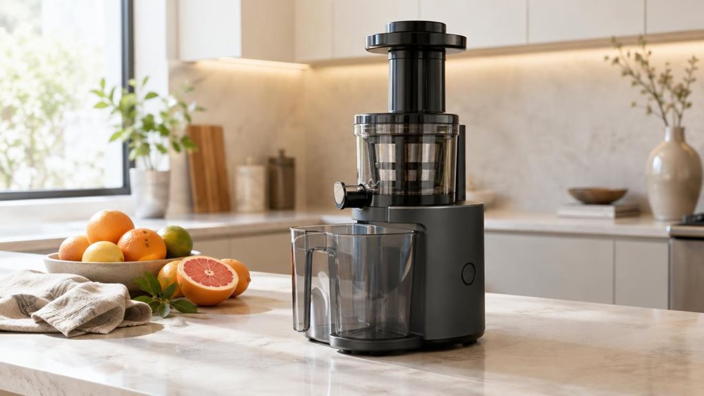 A photograph of a sleek, unbranded cold juicer set on a light stone kitchen countertop in a bright, modern home kitchen, framed in a horizontal 16:9 landscape composition. The appliance is the clear hero of the scene, positioned slightly off-center with its matte charcoal finish, transparent pulp container, and clean geometric lines catching soft morning light from a nearby window. Fresh citrus, a halved grapefruit, and a folded linen towel sit casually beside it, adding a re