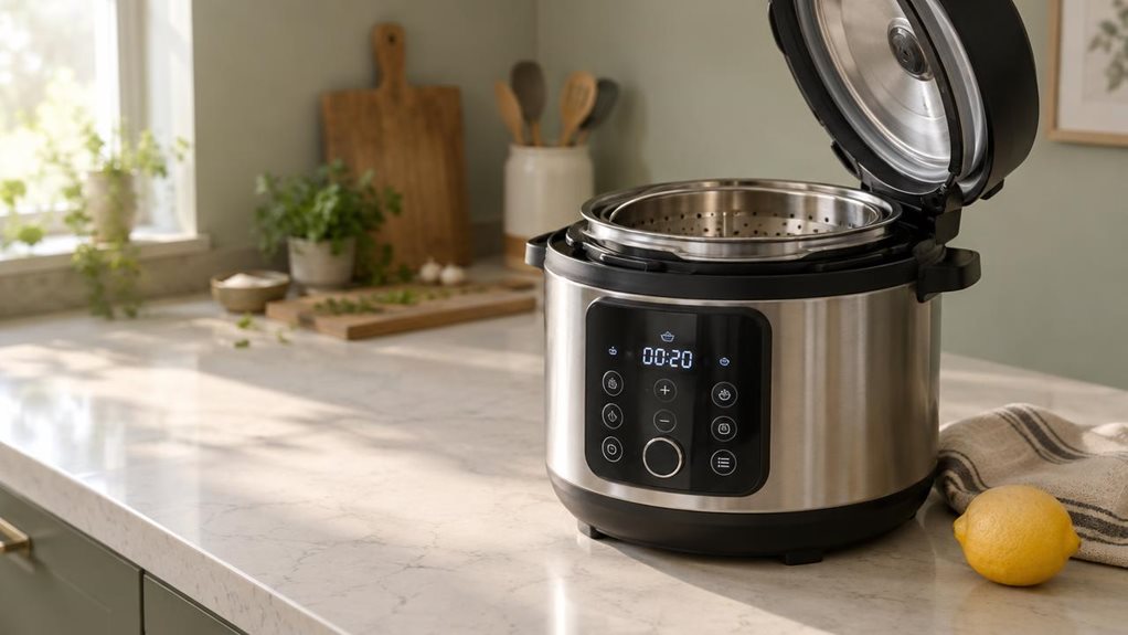 A photograph of a sleek black and stainless steel multi-cooker resting on a quartz kitchen countertop, positioned slightly off-center to the right within a horizontally composed 16:9 frame. The appliance's digital display glows faintly, showing a simple readout, while its hinged lid sits open at an angle, revealing a stainless steel pot insert and a steam basket nestled inside. Soft morning light streams in from a nearby window, casting gentle highlights along the brushed met
