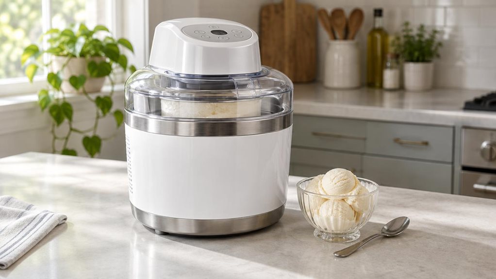 A photograph of a single countertop ice cream maker in a bright, modern home kitchen, composed horizontally in a 16:9 landscape frame. The sleek white-and-stainless appliance sits naturally on a pale stone counter, its rounded body, clear serving bowl, and subtle control panel rendered with lifelike detail. A small glass dish of freshly scooped vanilla ice cream and a spoon rest nearby, suggesting an everyday dessert moment without showing anyone or interrupting the stillness