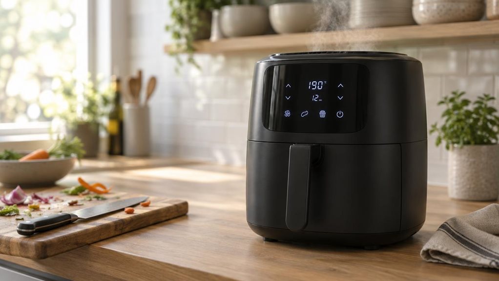 A photograph of a sleek black digital hot air fryer sitting on a light oak kitchen countertop, positioned slightly off-center to the right within a horizontally composed 16:9 frame. The 4.7 L unit features a matte-black finish with a glossy digital touchscreen display showing a soft blue glow, its control panel subtly illuminated with minimal icons. Steam gently rises from the top vent, suggesting recent use. To the left, a wooden cutting board holds a few scattered vegetable