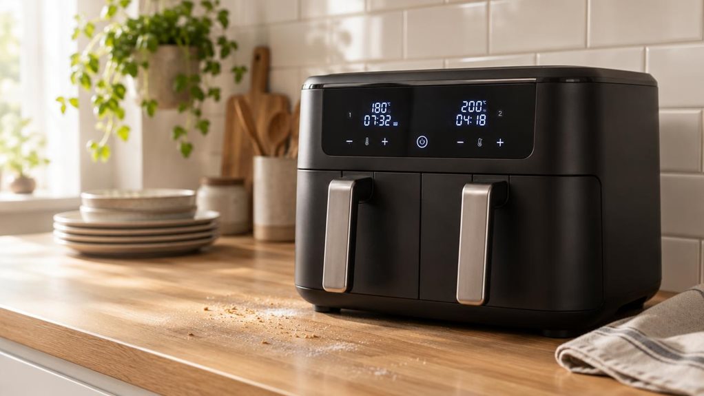 A photograph of a matte black dual-zone air fryer resting on a light oak kitchen countertop, positioned slightly off-center to the right within a horizontally composed 16:9 frame. The digital display glows faintly, showing a timer mid-countdown, suggesting recent use rather than active cooking. Soft morning light spills in from an unseen window to the left, casting a warm, diffused glow across the brushed metal surface and creating gentle highlights along the twin basket hand
